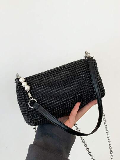 Elegant Crystal Decor Crossbody Bag, Classic Luxury Long Shoulder Bag With Detachable Chain Strap, Women's Fashion Chunky Chain Handbag, Elegant Underarm Bag For Wedding, Party, Carnival, Music Festival