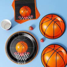 Black & Orange Basketball Design Disposable Plate, Napkin, Cup Set, Serves 8 Guests, Suitable For Birthday, Wedding, Theme Party, Family Picnic - Multicolor - View 4