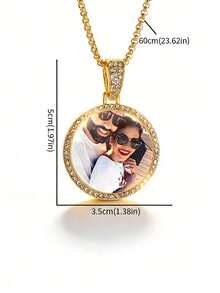 Customized Sparkling Cubic Zirconia Round Pendant Necklace, DIY Personalized Photo Round Pendant Necklace With Shiny Zirconia Inlay, Customized Stainless Steel Name Necklace, Customized Sparkling Crystal Pendant Necklace - Multicolor - View 8