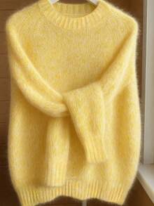 大码女式时尚保暖圆领长袖落肩蓬松针织毛衣，法式毛圈布柔软休闲套头衫，适合春秋季穿着 - 黃色 - 查看 2