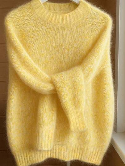 大码女式时尚保暖圆领长袖落肩蓬松针织毛衣，法式毛圈布柔软休闲套头衫，适合春秋季穿着