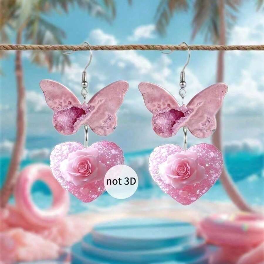 2D 亚克力平面耳环，非 3D 立体设计，一对透明亚克力创意情人节玫瑰粉爱心蝴蝶结耳环 - 拼接男士亚克力吊坠耳环，时尚百搭的情人节配饰 - 彩色 - 查看 1