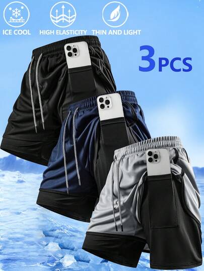 3条装男士户外运动短裤，双层内衬防摩擦健身短裤，抽绳腰带带口袋，适合跑步、户外活动、健身房锻炼