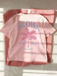 Camiseta de manga corta de gran éxito de  de 2026. Nueva camiseta de primavera/verano para mujer con estampado de palmera y eslogan, cuello redondo informal, estilo resort de moda, tu artículo esencial diario. Camiseta con estampado, Top rosa, Resort - Rosa 3 - Ver 5