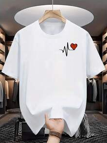 Recomendación del día de san valentín:Camiseta blanca de hombre con cuello redondo |   Patrón de corazón rojo con latido - Camiseta casual de manga corta transpirable, camisa diaria de corte regular, adecuada para uso casual, ropa versátil para hombre, ajuste cómodo, perfecta para el verano - [Blanco] - Ver 1