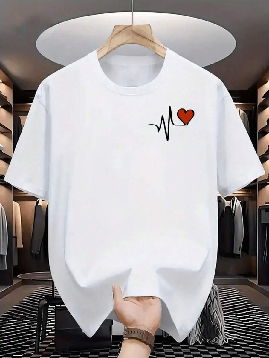 Recomendación del día de san valentín:Camiseta blanca de hombre con cuello redondo |   Patrón de corazón rojo con latido - Camiseta casual de manga corta transpirable, camisa diaria de corte regular, adecuada para uso casual, ropa versátil para hombre, ajuste cómodo, perfecta para el verano - [Blanco] - Ver 1