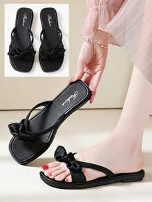 Women's Flat Sandals, Fashion New Summer Shoes, Black Cloth Bow Sandals, Comfortable Shoes, Minimalist Square Toe Black Sandals, Soft Sole Open Toe Ladies Sandals, Summer Casual Women Slippers, Outdoor Beach Slip-On Sandals With Cloth Bow Decor, Summer Promotion, Elegant Ladies Shoes, Travel Holiday Female, Women Slippers, Women Sandals, Black Sandals For Women, Women Shoes (Run Small By 2 Sizes), Beach Sandals - Black - View 9