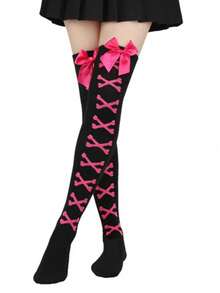 1双女士纯色过膝长袜，蝴蝶结装饰，Y2K洛丽塔风格，防滑不下滑，可爱连裤袜，适合洛丽塔茶会 - 1雙黑底深粉紅色 - 查看 4