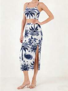 Women's 2 Pieces Floral Print Casual Outfit, Slit Ruffle Drawstring Beach Vacation Summer - Blue and White - View 6