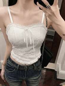 蘑菇蕾丝边吊带背心，可爱叠穿款，性感提花短款背心带胸垫，夏季 - 白色 - 查看 4