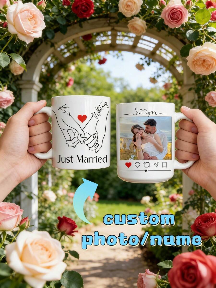 1Pc Custom Photo Name Mug – Personalized Hand-Heart Line Art Couple Design, 2-Sided Coffee Cup, Custom Mug, Valentine's Day Gift, Perfect For Newlywed, Wedding Keepsake, Engagement Gift, Anniversary, Coffee & Tea Time, Daily Use, Special Occasions - Multicolor - View 1
