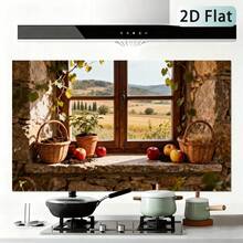 1pc 2D Flat Self-Adhesive Kitchen Wall Sticker | Rustic Stone Wall & Wooden Window & Country Apple Basket Style, Removable Kitchen And Living Room Splashback Wallpaper, Glossy Vinyl, 55 X 100 Cm - Style 1 - View 3