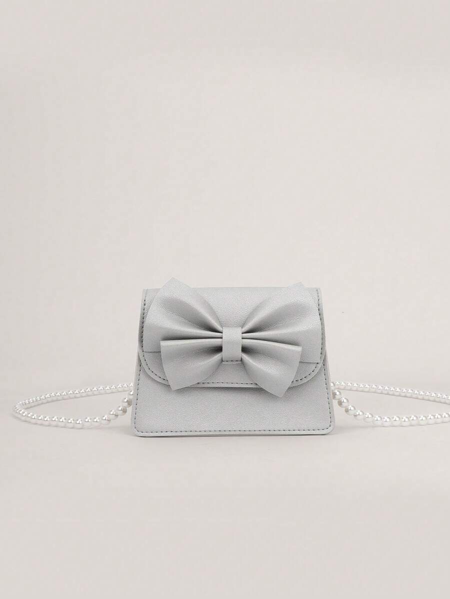 1pc Girls' Cute Mini Dual-Fabric Bow Handbag, Suitable For Daily Outfits - Silver - View 1