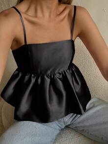 2026春夏新款女士可爱露背粉色方领吊带荷叶边吊带背心，适合女士度假、街头风、生日、邮轮、休闲、夏季、春季、演唱会等各种场合。 - 深黑色 - 查看 2