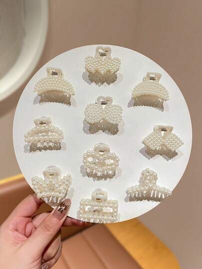 5个珍珠蝴蝶结发夹，优雅爪夹，适合半盘发，小巧精致发爪，女士发饰，休闲发夹