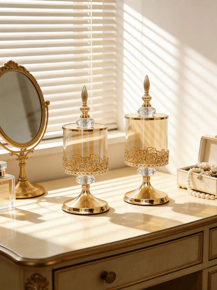 Glass Storage Canisters Set Of 2, Vintage Rose Embossed Airtight Jars For Coffee, Tea, Sugar, Candy, Cookies, Pantry Organization, Makeup, Jewelry, Bathroom Vanity, Kitchen Counter, Housewarming Gift - Gold - View 1