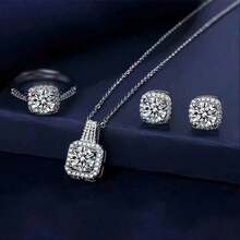 4pcs/Set Cuboid Shiny Zirconia Inlaid Stud Earrings & Pendant Necklace & Ring Elegant Luxury Style Delicate Female Gift - Bạc - Xem 4