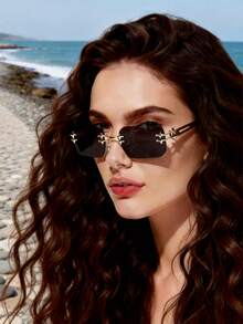 1 Pair Black & Gold Metallic Frameless Retro Chic Fashion Glasses, Unisex Design Suitable For Street Style, Driving, Vacation, Beach, Runway, And Daily Wear - Black - View 2