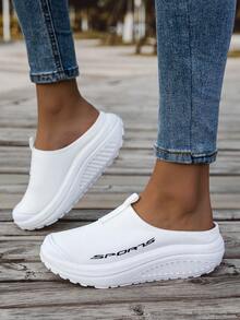 Baotou Slip-On Summer Mesh Breathable Lazy One-Piece Slip-On Half-Shoes With Anti-Slip Function For Outdoor Wear, Sporty Casual Women's Sandals, Beach Women's Shoes, Thick-Soled Canvas Shoes, Black And White Colors. Outdoor Anti-Slip Sport Sandals And Slippers. - White - View 5