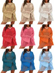 Womens Swimsuit Crochet Cover Up Sexy Boat Neck Bathing Suit Summer Long Sleev Beach Dress Coverup Bikini - 白色 - 查看 5