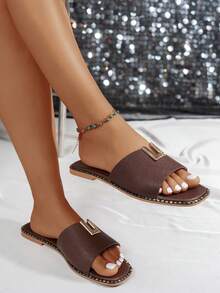 Women's Summer Flat Square Toe PU Upper Minimalist Slip-On Black Sandals, Popular Beach Vacation Casual Shoes, Retro Gold Plastic Buckle Home Slip-On Slippers - Brown - View 17