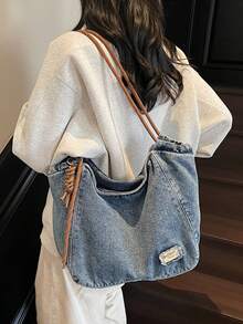Fashionable Retro Popular Shoulder Bag, Simple Solid Color Large Capacity Casual Multifunctional Tote Bag, Niche Design Daily Generous Armpit Bag, Suitable For Shopping, Daily Outings, Gatherings, Commuting - Blue - View 4