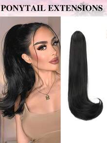 18英寸爪夹式马尾辫，合成波浪直发马尾辫接发，夹式马尾辫假发，蓬松日常马尾辫，女士适用 - 彩色 - 查看 11