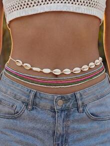 3 piezas Cadena de cintura con estilo bohemio multicapa, perlas y estrella de mar, joyería de Body para playa para mujeres - 6 piezas de cuentas de semillas - Ver 2