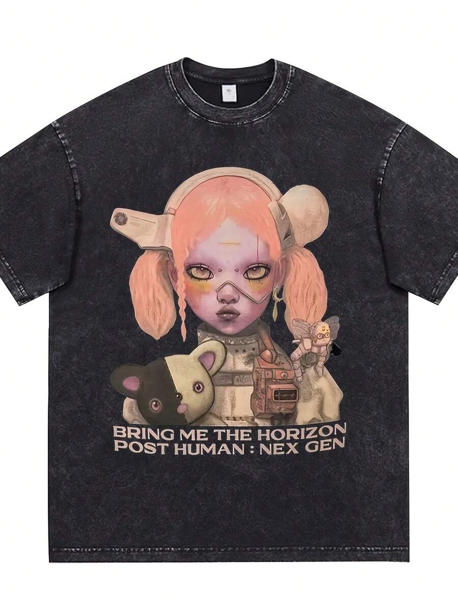 BringMe TheHorizon Album Post Human Nex Gen Vintage Washed T-Shirt BMTH Metal K Band T Shirt  Wo Short Sve T-Shir - 黑色 - 查看 1