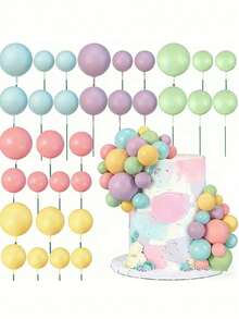 32pcs Colorful Ball Cake Toppers, Suitable For Decorating Birthday Party And Wedding Cupcakes And Cakes, Includes Pink, Yellow, Blue, Purple And Green Pearl-Like Spheres - Multicolor - View 5