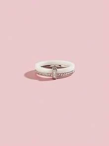 1 pieza Anillo de acero inoxidable con circonita cúbica y cerámica de estilo elegante, joyería para damas, regalo para boda, fiesta o citas - Acero inoxidable - Ver 3