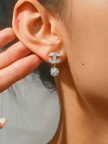 1 Pair Elegant Copper Earrings With Micro-Inlaid Zirconia Beads, Fashionable And Luxurious, Suitable For Women's Weddings, Parties And Events - Silver - View 2