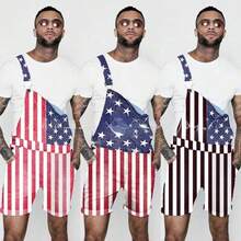 Men Jumpsuits Overalls Fashionable Denim Overalls Shorts New Workwear Style USA Independence Day Outfit Trendy Casual Wear - Raya roja con estrellas - Ver 2