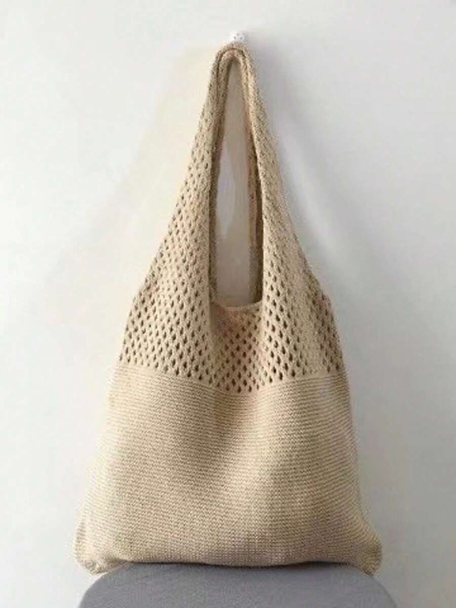 Casual Versatile Crochet Knitted Tote Bag, Large Capacity Shoulder Bag - Khaki - View 1