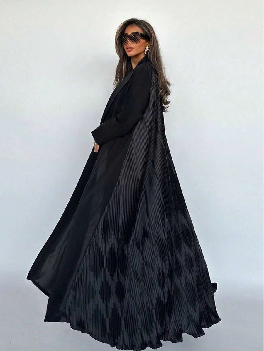 端庄时尚的阿巴雅长袍外套，黑色褶皱纹理长袍，简约而优雅的设计，适合任何场合。 - 黑色 - 查看 1