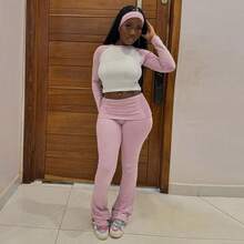 American Casual Sports Suit Basic Contrasting Color Long-Sleeved T-Shirt Waist Trousers Fitness Three-Piece Set, Conjunto De Dos Piezas Mujer - Hồng - Xem 1