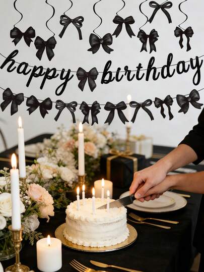 Black Bow Shiny Birthday Party Banner, Happy Birthday Bow Decor Ribbon And Hanging Swirl Decor, Glitter Black Happy Birthday Bow Decor, Black Bow Decor Ribbon Birthday Party Supplies, Suitable For Birthday Party Supplies, Bridal Shower Party Decor, Indoor Bedroom Living Room Wedding Outdoor Decor