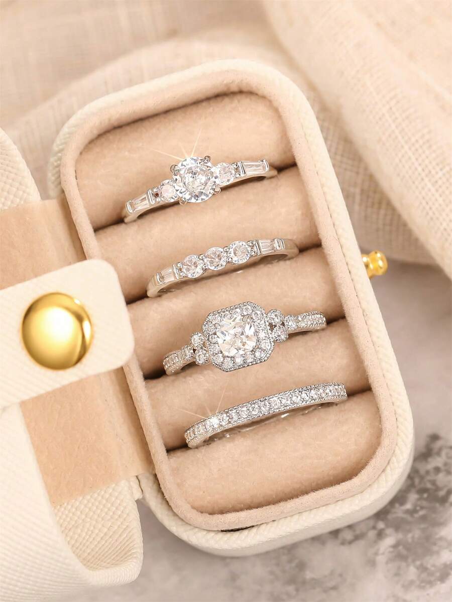 4枚立方氧化锆戒指套装，附赠礼盒，适合婚礼、订婚、周年纪念、情人节等场合赠送。 - 1# - 查看 1