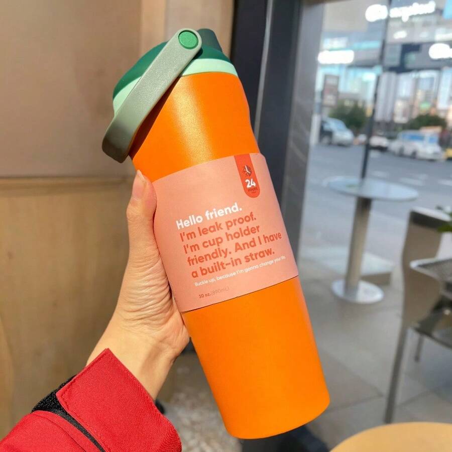 30oz Stainless Steel Insulated Water Bottle With Leak-Proof Lid And Portable Handle - Solid Color Classic Pattern, Long-Lasting Hot/Cold Insulation, Ideal For Car, Office, Travel, And As A Gift. - 橘色 - 查看 1