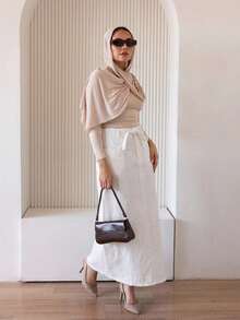 Livesso 女士抽绳系腰超长休闲牛仔裙 - 白色 - 查看 2