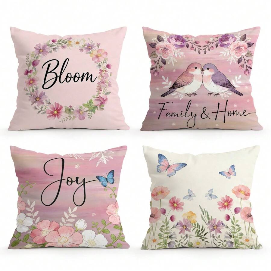 4件套渐变粉紫色花卉、蝴蝶、小鸟和文字图案抱枕套，单面印花，适用于客厅、卧室、家居装饰，四季皆宜。 - 彩色 - 查看 1