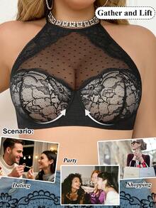 mimilemon Áo lót hai dây ren đen cỡ lớn dành cho nữ - Có gọng, nâng ngực, thiết kế gợi cảm, thoáng khí. - màu đen - Xem 2