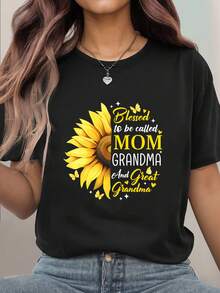 Sunflower Mom Grandma Great Grandma Graphic T-Shirt For Women, Oversized Crewneck Tees Casual Wear, Spring Cotton Tops Short Sleeve, Summer Basic Tees, Funny Clothes For Women - 黑色 - 查看 1