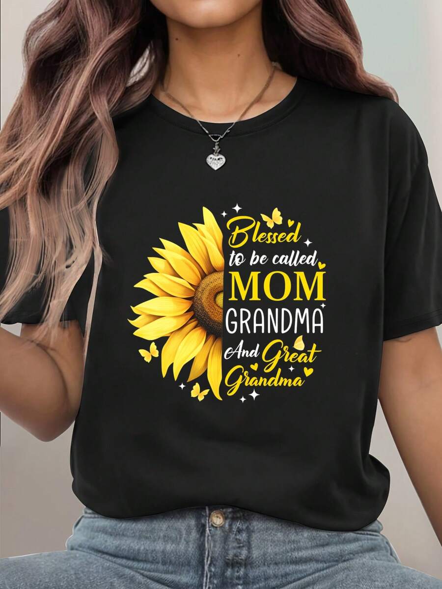 Sunflower Mom Grandma Great Grandma Graphic T-Shirt For Women, Oversized Crewneck Tees Casual Wear, Spring Cotton Tops Short Sleeve, Summer Basic Tees, Funny Clothes For Women - 黑色 - 查看 1