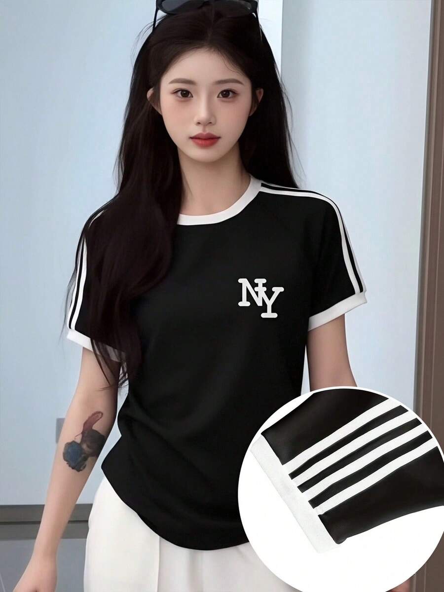 性感女孩必备!黑白条纹短袖修身露脐T恤,百搭显瘦,美式复古插肩袖条纹紧身露脐上衣,夏季必备,性感甜美休闲风 - 黑色 - 查看 1