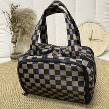 Checkered Toiletry Bag,Large Capacity Water-Proof Plaid Cosmetic Bag,Women Multi-Partitions Makeup Bag,Dust-Proof Wide-Open Puffy Organizers For Travel Accessories , Portable Travel Bag With Strap For Putting On Suitcase - 咖色 - 查看 4