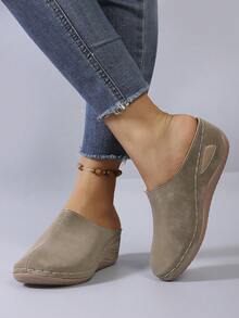 Women's New Round Toe Casual Slip-On Wedge Heel Loafers - Khaki - View 6