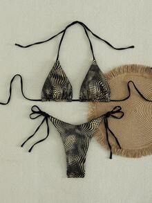 Nouveau Arrivage Ensemble Bikini Femme Imprimé à Pois Feuille d'Or Vacances Plage - Noir - Voir 5