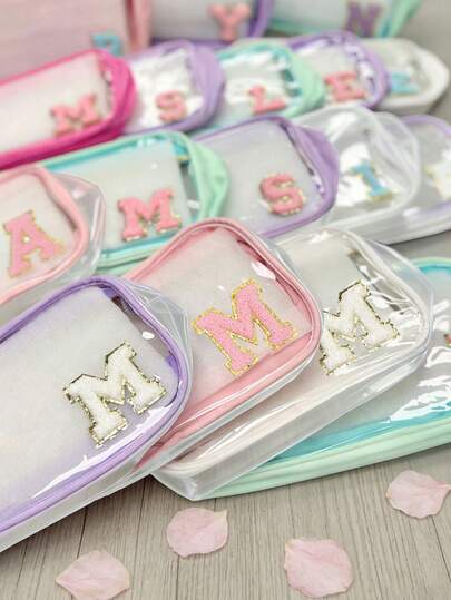 1pc Transparent PVC Letter Pattern Waterproof Makeup Bag, Portable Plush Zipper Cosmetic Organizer, Minimalist Letter Sticker, Travel Toiletry Bag For Women, Bathroom Organizer (A~Z Letter), Mom Gift, Beach Bag, Beach Towel Holder, Holiday Essential, Mini Size
