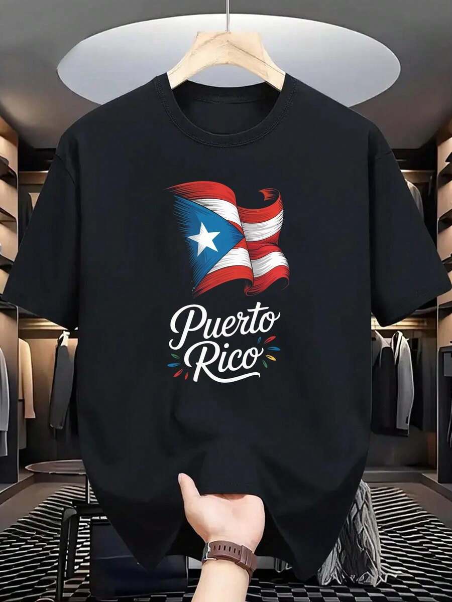 Puerto Rico T-Shirt Men's Puerto Rico Flag Graphic T-Shirt Bold "Puerto Rico" Text & Vibrant Star & Stripe Design, Short Sleeve Round Neck Casual Summer Tee, Machine Washable Regular Fit, Digital Print Top, Streetwear Style, Durable Construction - Black - View 1